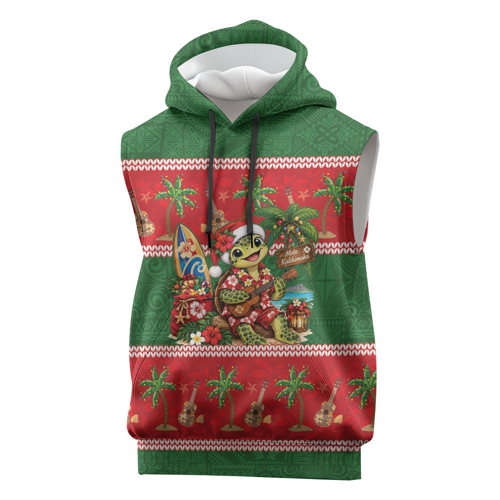 Hawaii Christmas Mele Kalikimaka Sleeveless Hoodie Aloha Turtle Santa With Ukulele LT14 Red - Polynesian Pride