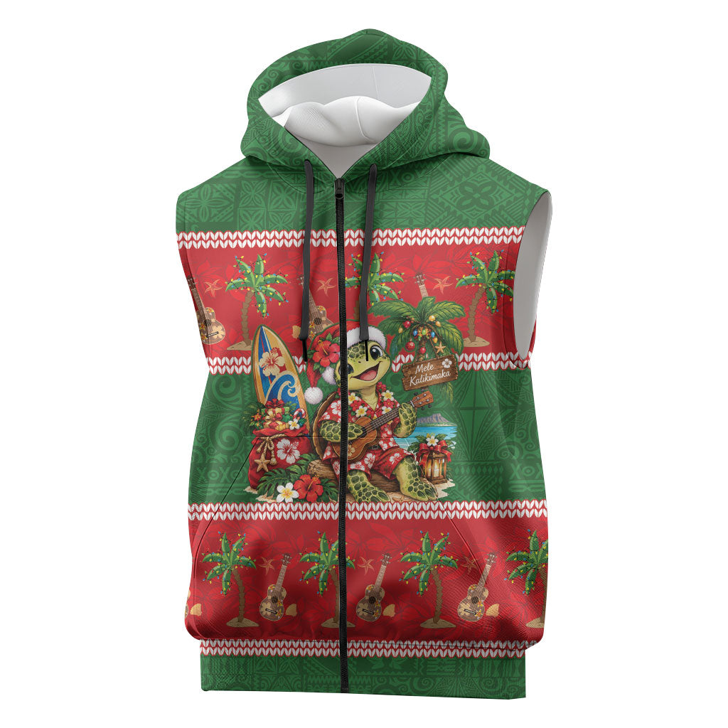 Hawaii Christmas Mele Kalikimaka Sleeveless Zip Hoodie Aloha Turtle Santa With Ukulele LT14 Red - Polynesian Pride