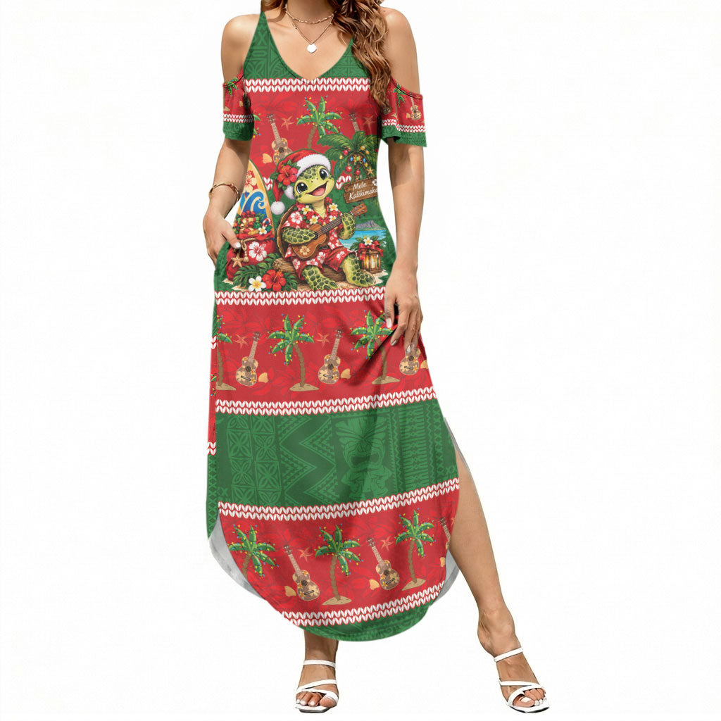 Hawaii Christmas Mele Kalikimaka Summer Maxi Dress Aloha Turtle Santa With Ukulele LT14 Women Red - Polynesian Pride