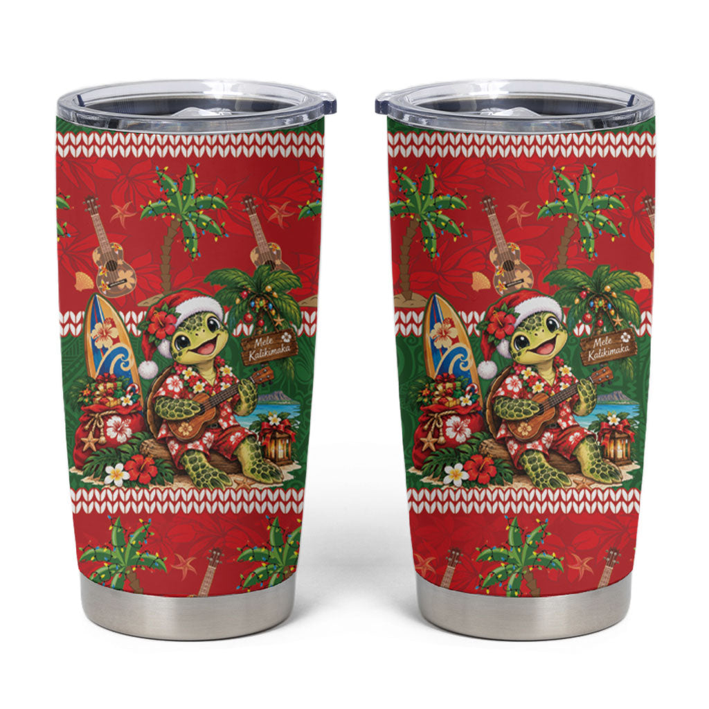 Hawaii Christmas Mele Kalikimaka Tumbler Cup Aloha Turtle Santa With Ukulele LT14 Red - Polynesian Pride