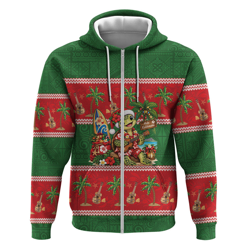 Hawaii Christmas Mele Kalikimaka Zip Hoodie Aloha Turtle Santa With Ukulele LT14 Zip Hoodie Red - Polynesian Pride