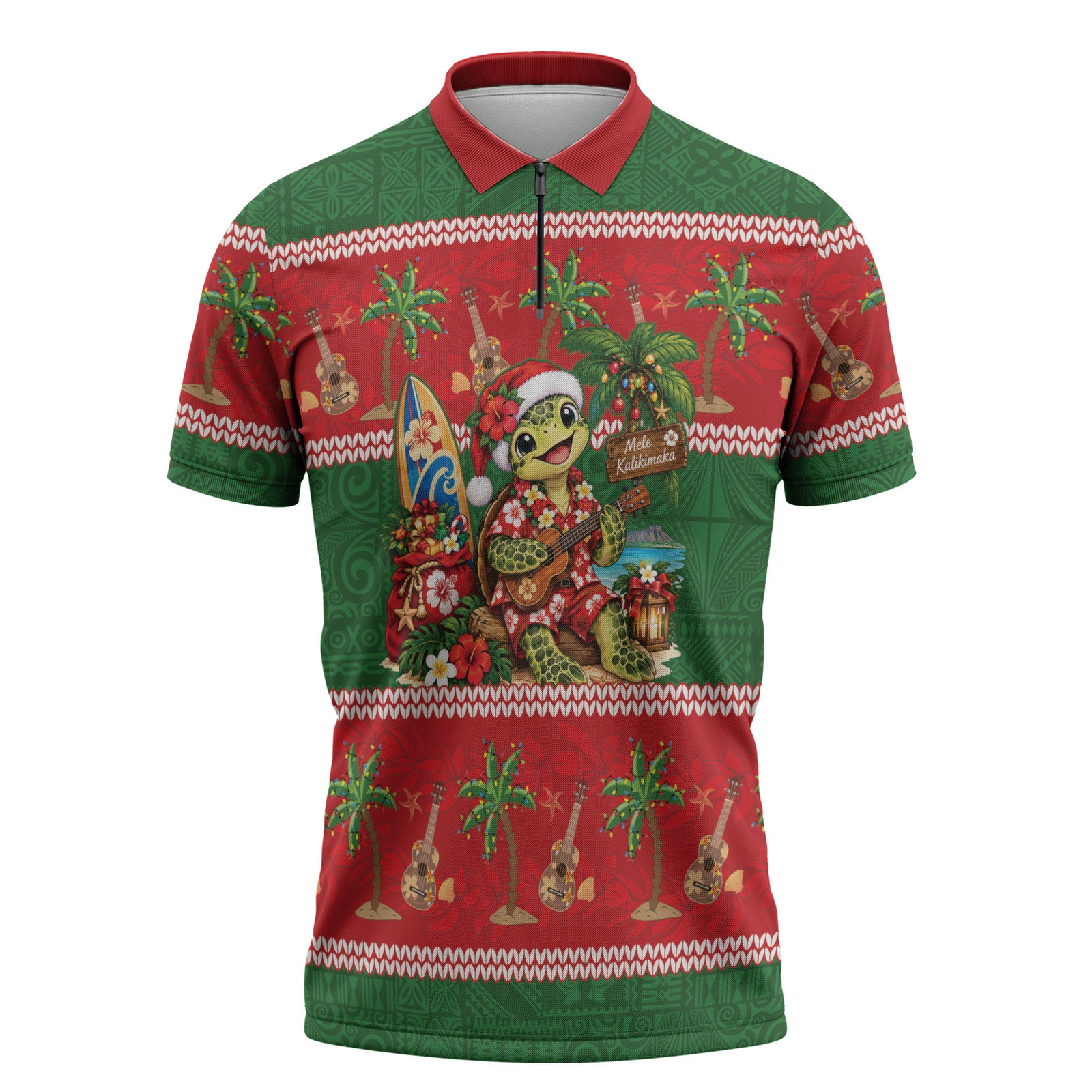 Hawaii Christmas Mele Kalikimaka Zipper Polo Shirt Aloha Turtle Santa With Ukulele LT14 Red - Polynesian Pride