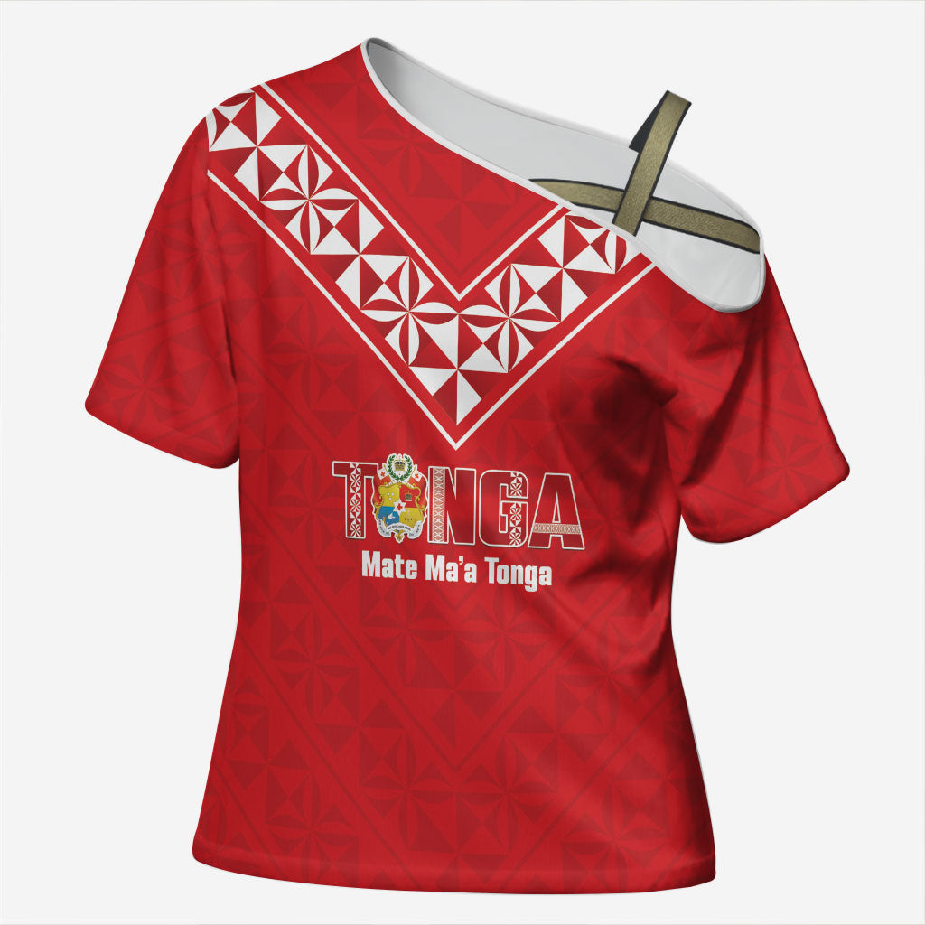 Mate Maa Tonga Rugby Custom Cross Shoulder Shirt 2026 Tongan Ngatu Pattern Red LT14 Female Red - Polynesian Pride
