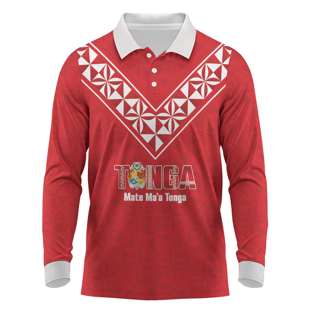 Mate Maa Tonga Rugby Custom Long Sleeve Polo Shirt 2026 Tongan Ngatu Pattern Red