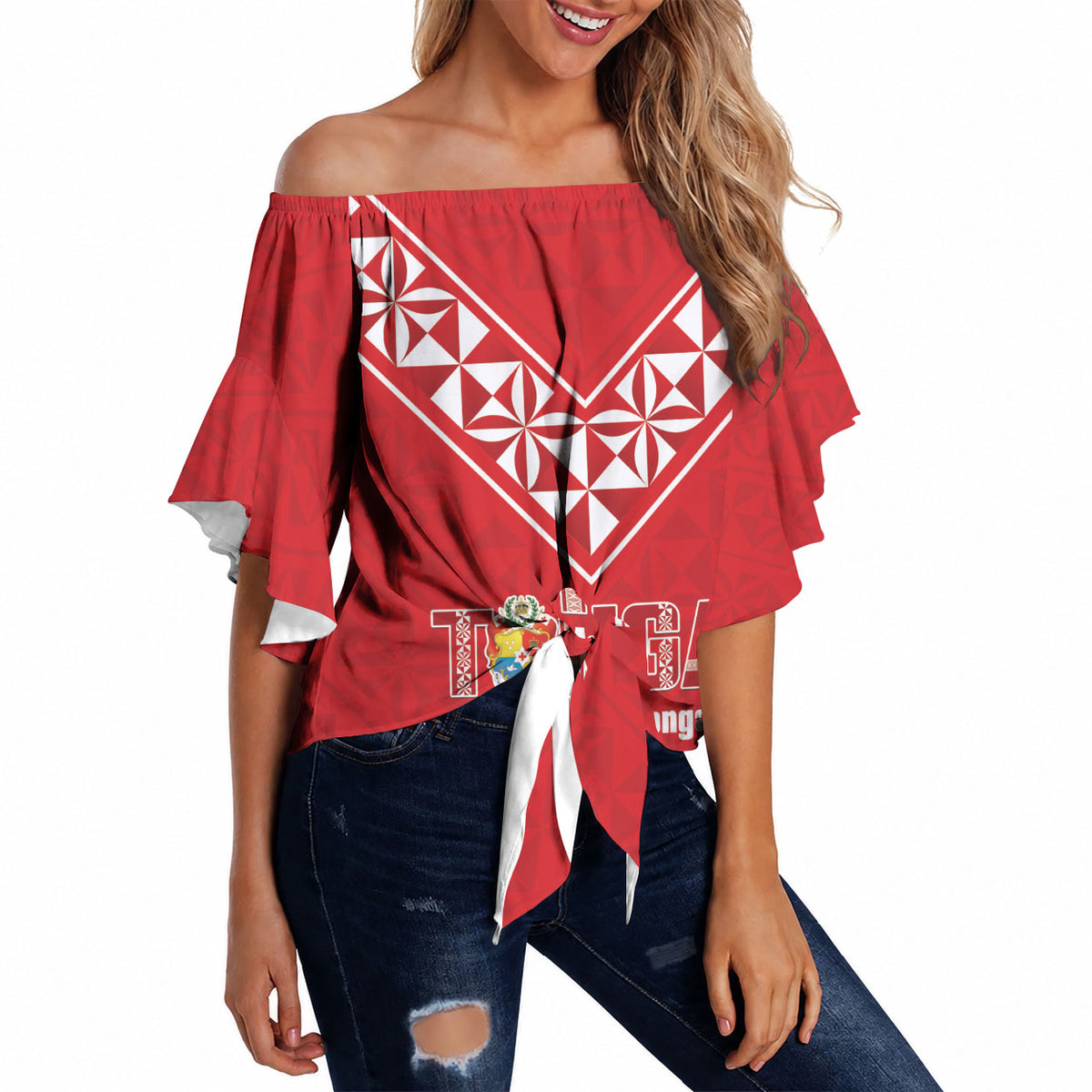 Mate Maa Tonga Rugby Custom Off Shoulder Wrap Waist Top 2026 Tongan Ngatu Pattern Red LT14 Red - Polynesian Pride