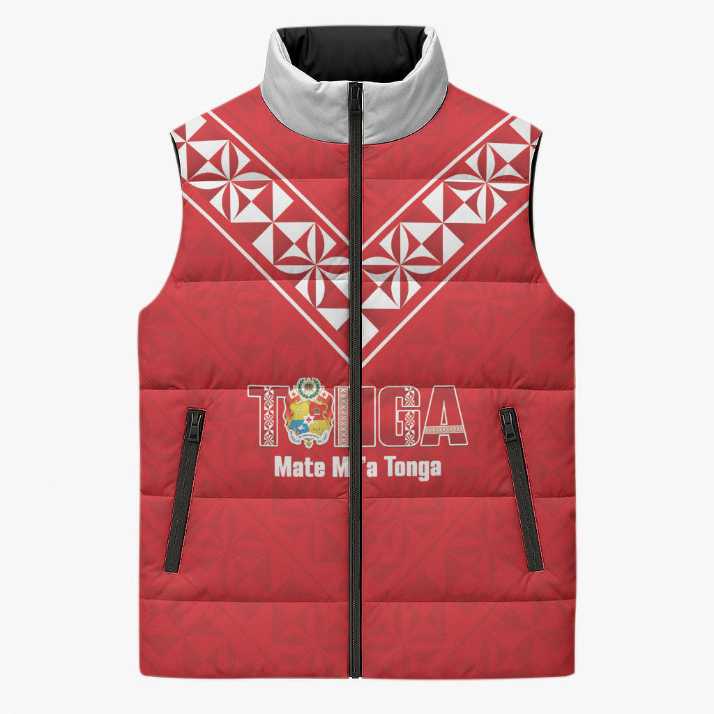 Mate Maa Tonga Rugby Custom Sleeveless Puffer Jacket 2026 Tongan Ngatu Pattern Red LT14 Unisex Red - Polynesian Pride
