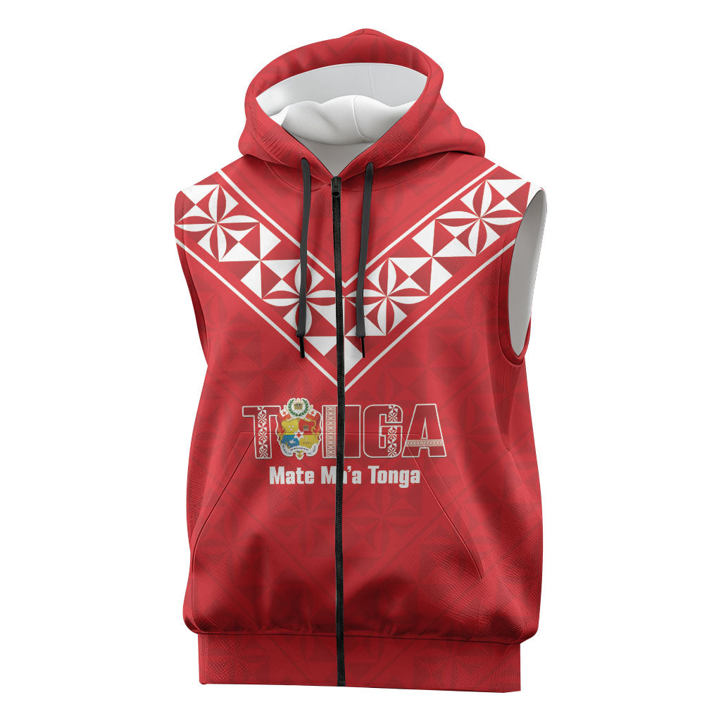Mate Maa Tonga Rugby Custom Sleeveless Zip Hoodie 2026 Tongan Ngatu Pattern Red LT14 Red - Polynesian Pride