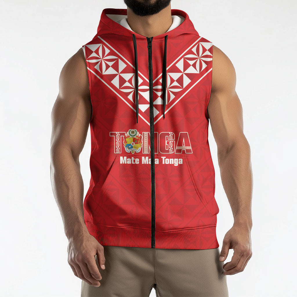Mate Maa Tonga Rugby Custom Sleeveless Zip Hoodie 2026 Tongan Ngatu Pattern Red LT14 - Polynesian Pride