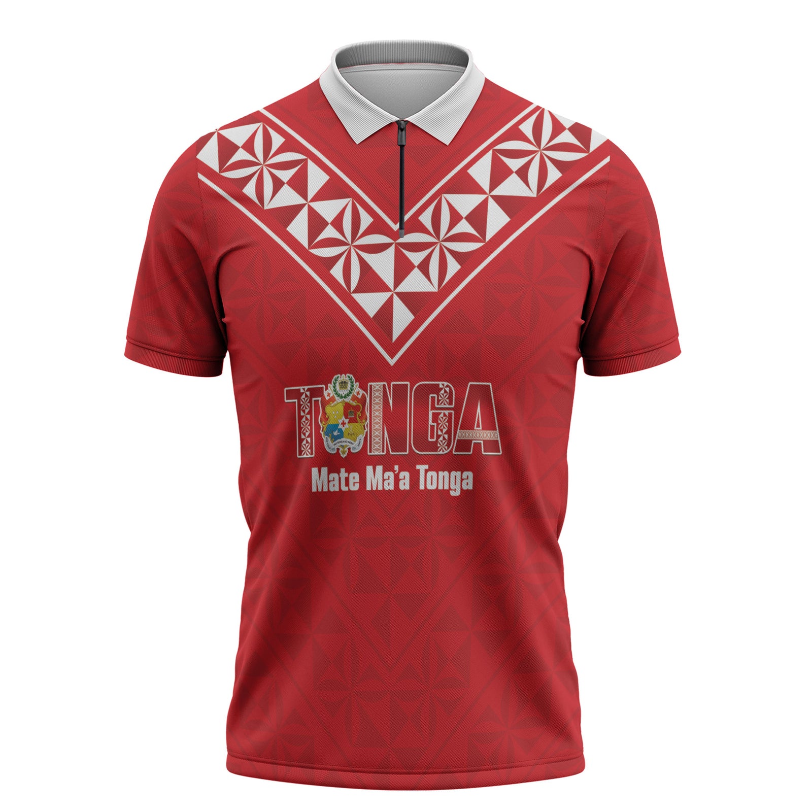 Mate Maa Tonga Rugby Custom Zipper Polo Shirt 2026 Tongan Ngatu Pattern Red