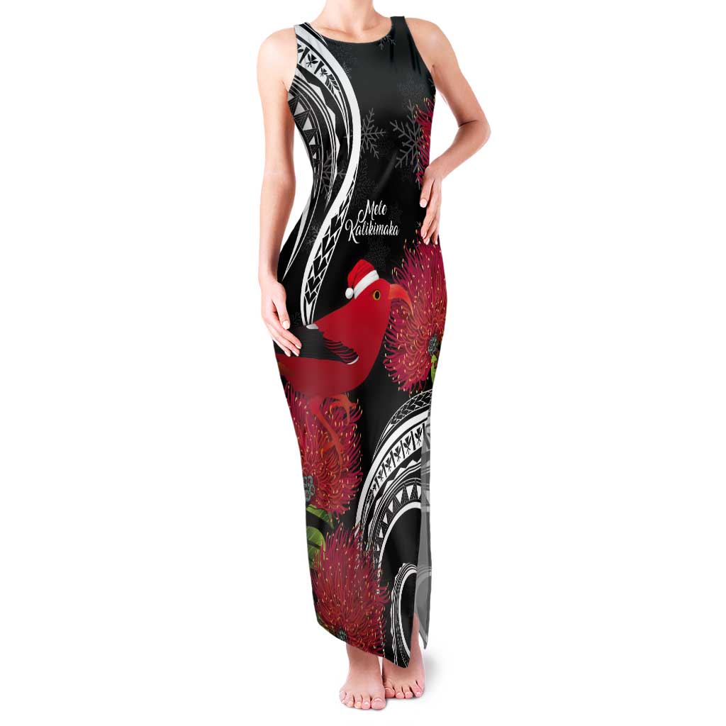 Personalized Mele Kalikimaka Hawaii Tank Maxi Dress I'iwi Bird With Ohia Lehua - Black Color