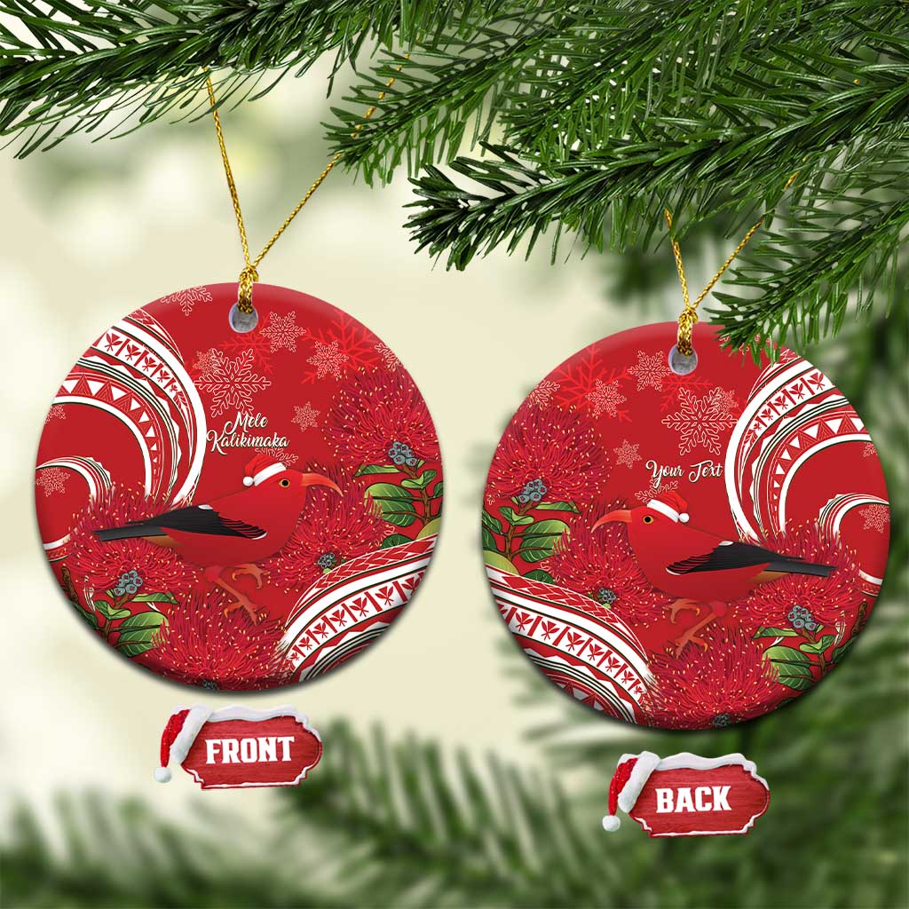 Personalized Mele Kalikimaka Hawaii Ceramic Ornament I'iwi Bird With Ohia Lehua - Red Color LT14 Circle Red - Polynesian Pride