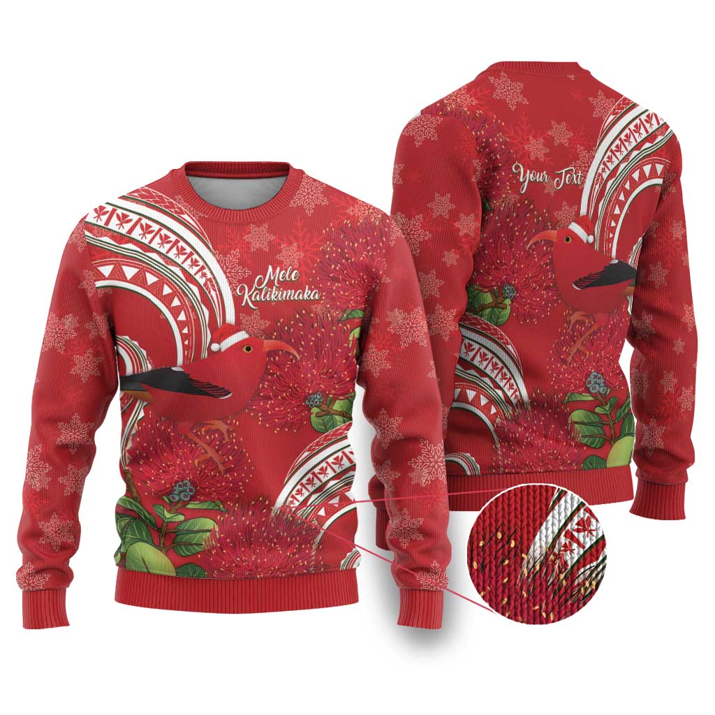 Personalized Mele Kalikimaka Hawaii Ugly Christmas Sweater I'iwi Bird With Ohia Lehua - Red Color