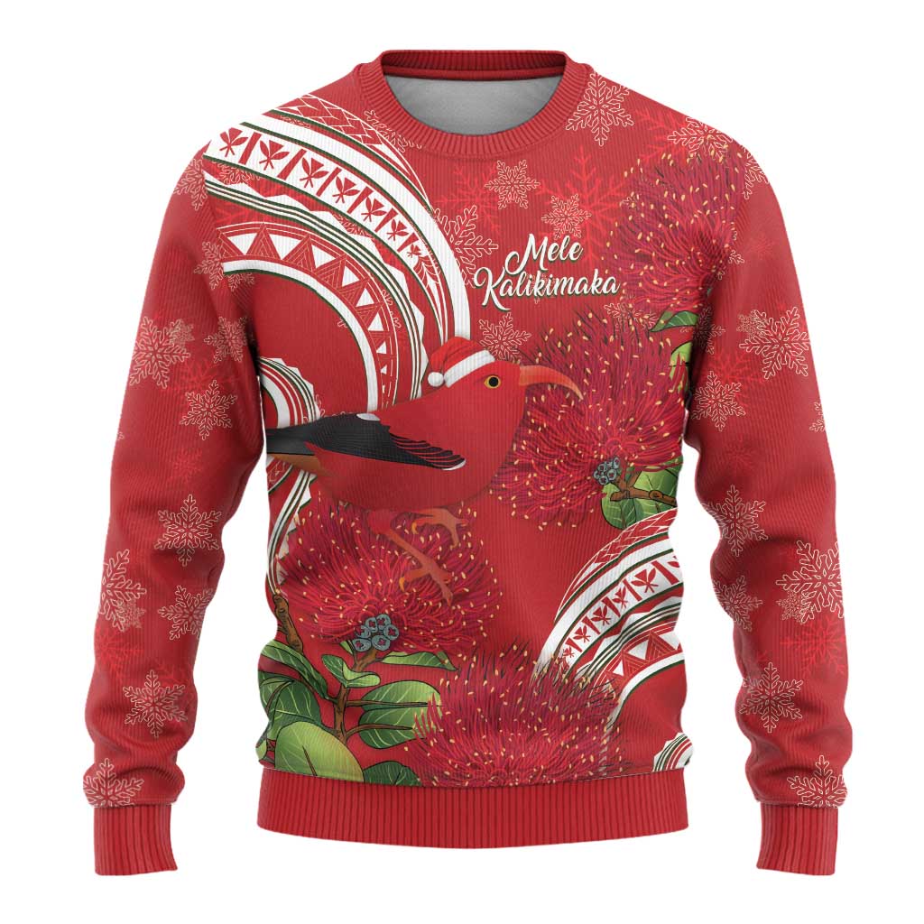 Personalized Mele Kalikimaka Hawaii Ugly Christmas Sweater I'iwi Bird With Ohia Lehua - Red Color LT14 - Polynesian Pride