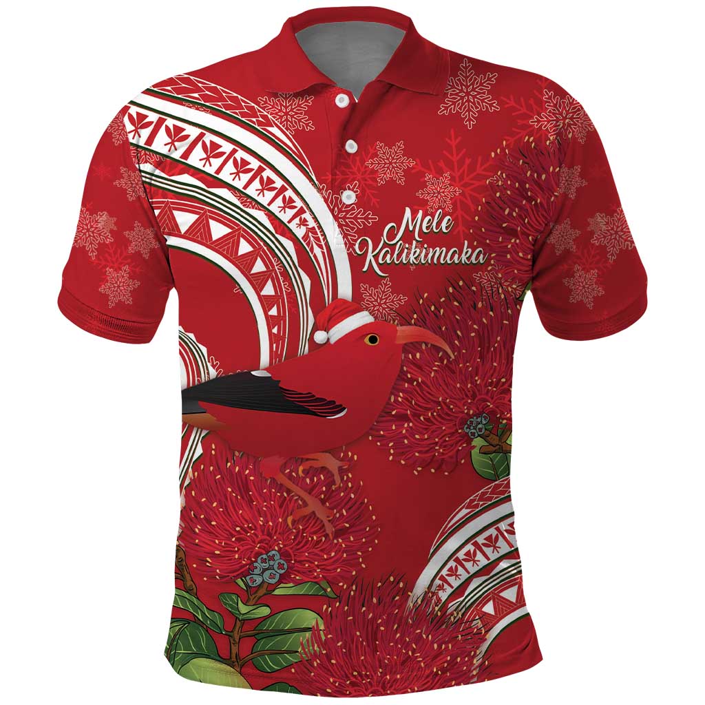 Personalized Mele Kalikimaka Hawaii Polo Shirt I'iwi Bird With Ohia Lehua - Red Color