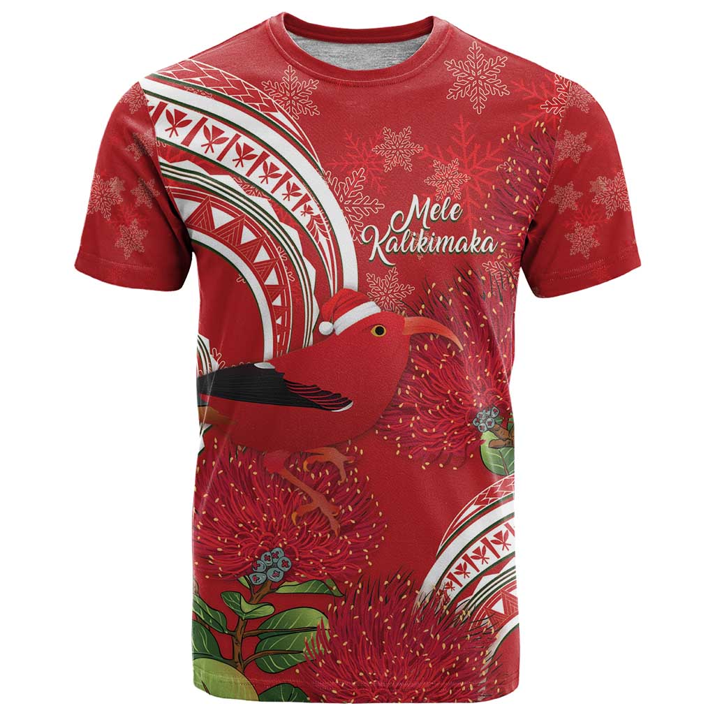 Personalized Mele Kalikimaka Hawaii T Shirt I'iwi Bird With Ohia Lehua - Red Color LT14 Red - Polynesian Pride