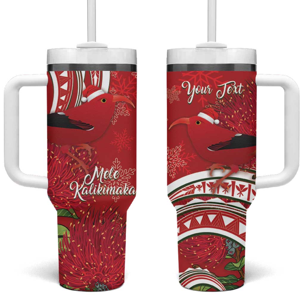 Personalized Mele Kalikimaka Hawaii Tumbler With Handle I'iwi Bird With Ohia Lehua - Red Color LT14 One Size: 40 oz Red - Polynesian Pride