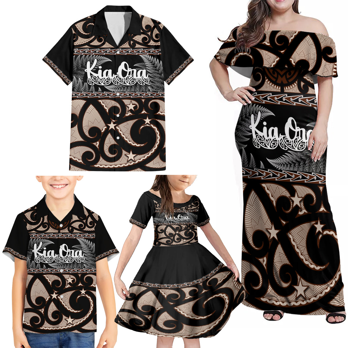 Kia Ora New Zealand Family Matching Off Shoulder Maxi Dress and Hawaiian Shirt Aotearoa Proud Maori With Silver Fern LT14 - Polynesian Pride