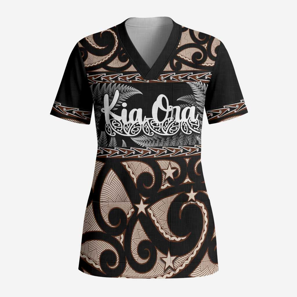Kia Ora New Zealand Scrub Top Aotearoa Proud Maori Silver Fern LT14 Adult Black - Polynesian Pride