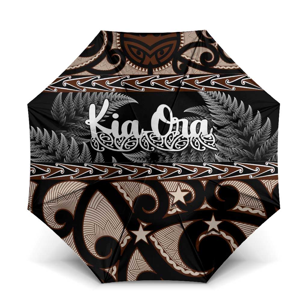 Kia Ora New Zealand Umbrella Aotearoa Proud Maori Silver Fern LT14 One Size Folded 11.42 inch Opened Diameter 37.4 inch Black - Polynesian Pride