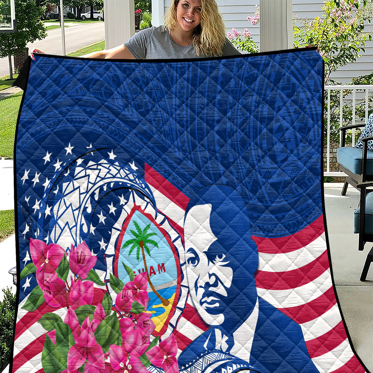 Guam Martin Luther King Jr Day Quilt I Have A Dream Guahan Seal With Bougainvillea LT14 Blue - Polynesian Pride