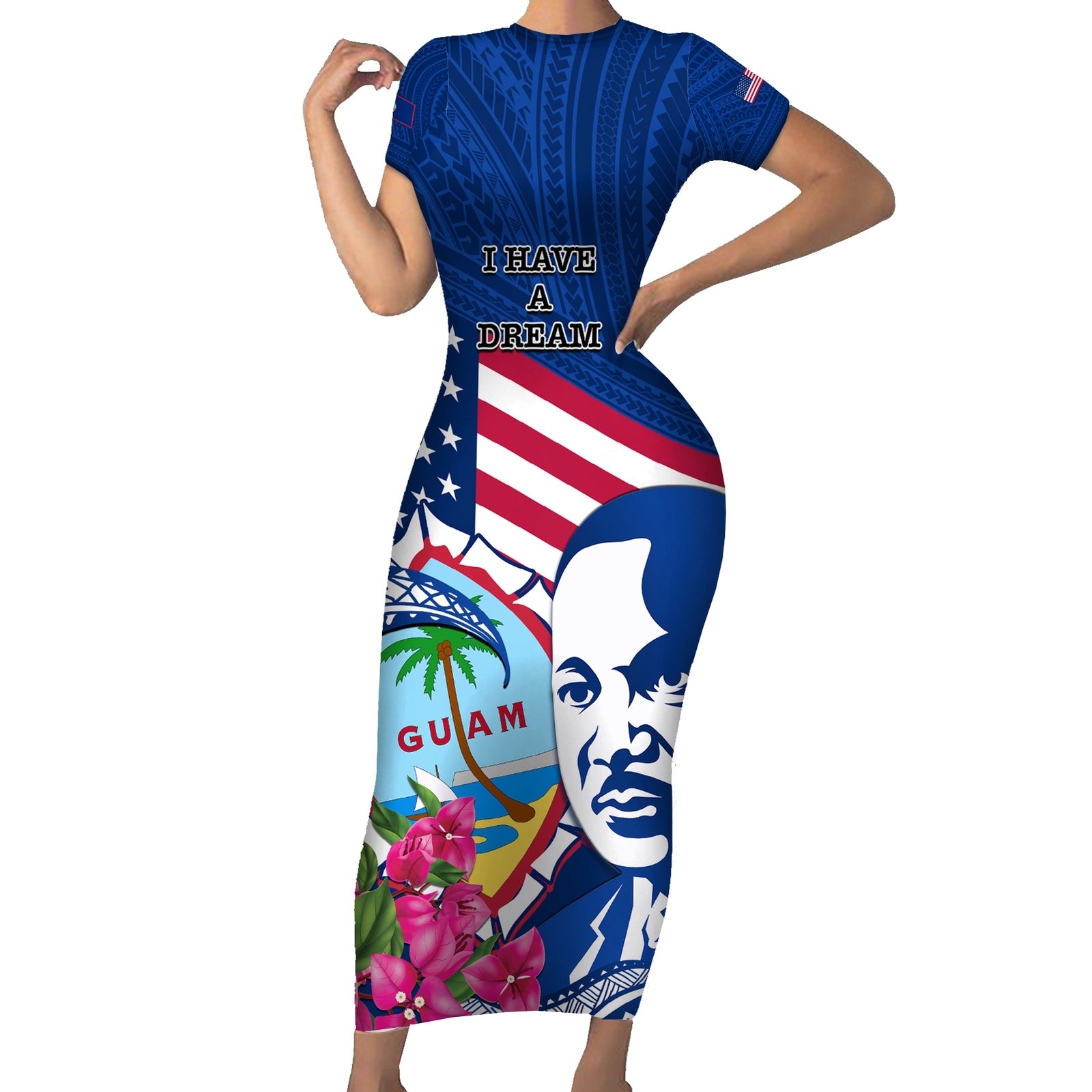 Guam Martin Luther King Jr Day Short Sleeve Bodycon Dress I Have A Dream Guahan Seal With Bougainvillea LT14 Long Dress Blue - Polynesian Pride