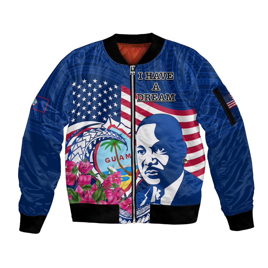 Guam Martin Luther King Jr Day Sleeve Zip Bomber Jacket I Have A Dream Guahan Seal With Bougainvillea LT14 Unisex Blue - Polynesian Pride