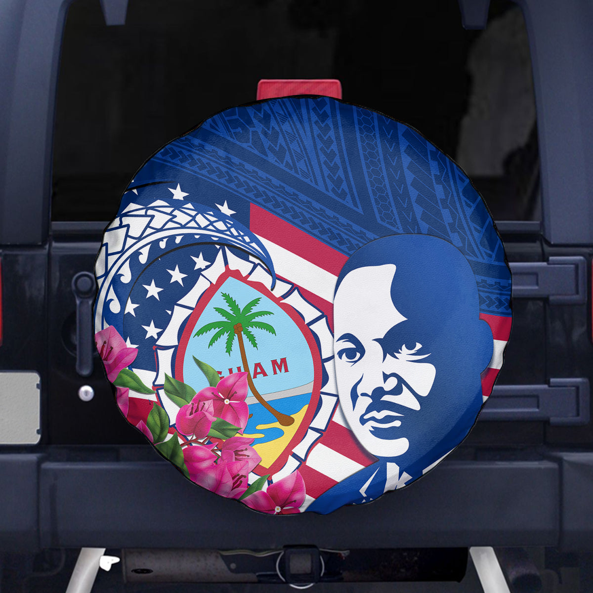 Guam Martin Luther King Jr Day Spare Tire Cover I Have A Dream Guahan Seal With Bougainvillea LT14 Blue - Polynesian Pride