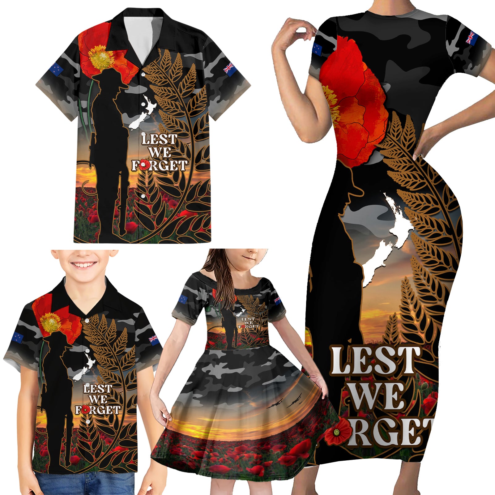 New Zealand ANZAC Day Family Matching Short Sleeve Bodycon Dress and Hawaiian Shirt Lest We Forget Silver Fern With Camouflage LT14 - Polynesian Pride