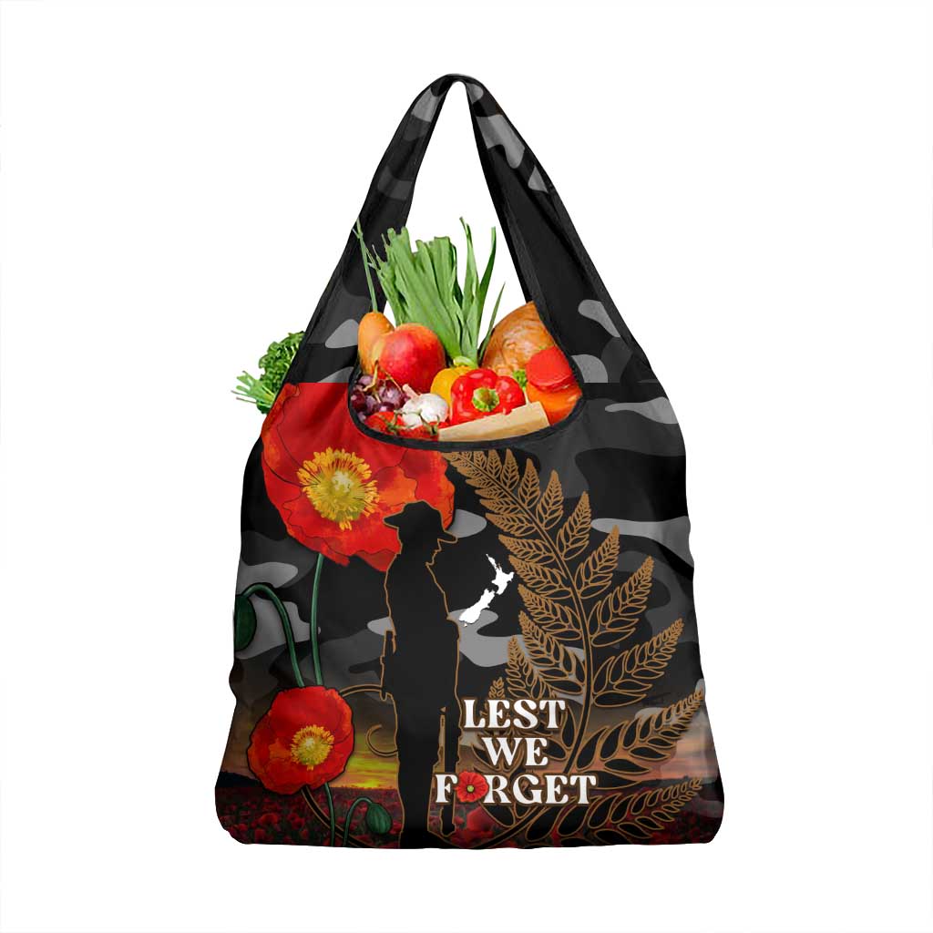 New Zealand ANZAC Day Grocery Bag Lest We Forget Silver Fern With Camouflage LT14 1-pack One Size Black - Polynesian Pride
