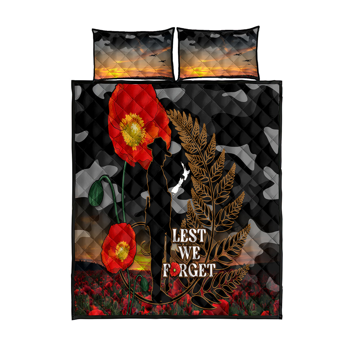 New Zealand ANZAC Day Quilt Bed Set Lest We Forget Silver Fern With Camouflage LT14 Black - Polynesian Pride