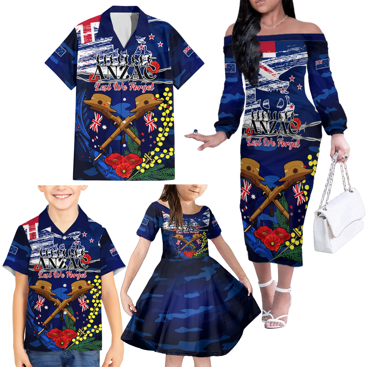 Australia And New Zealand ANZAC Day Family Matching Off Shoulder Long Sleeve Dress and Hawaiian Shirt Lest We Forget Silver Fern With Golden Wattle LT14 - Polynesian Pride