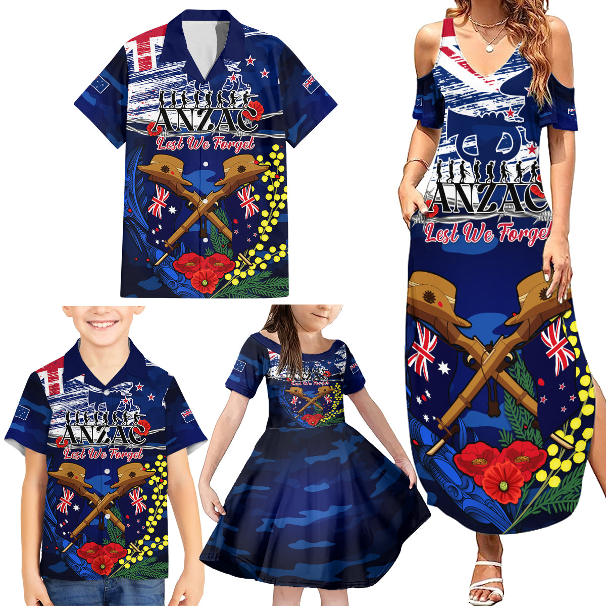 Australia And New Zealand ANZAC Day Family Matching Summer Maxi Dress and Hawaiian Shirt Lest We Forget Silver Fern With Golden Wattle LT14 - Polynesian Pride