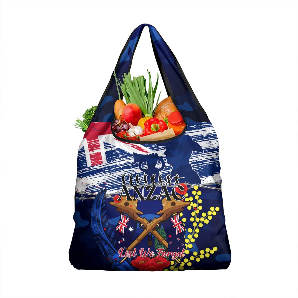 Australia And New Zealand ANZAC Day Grocery Bag Lest We Forget Silver Fern With Golden Wattle LT14 1-pack One Size Blue - Polynesian Pride