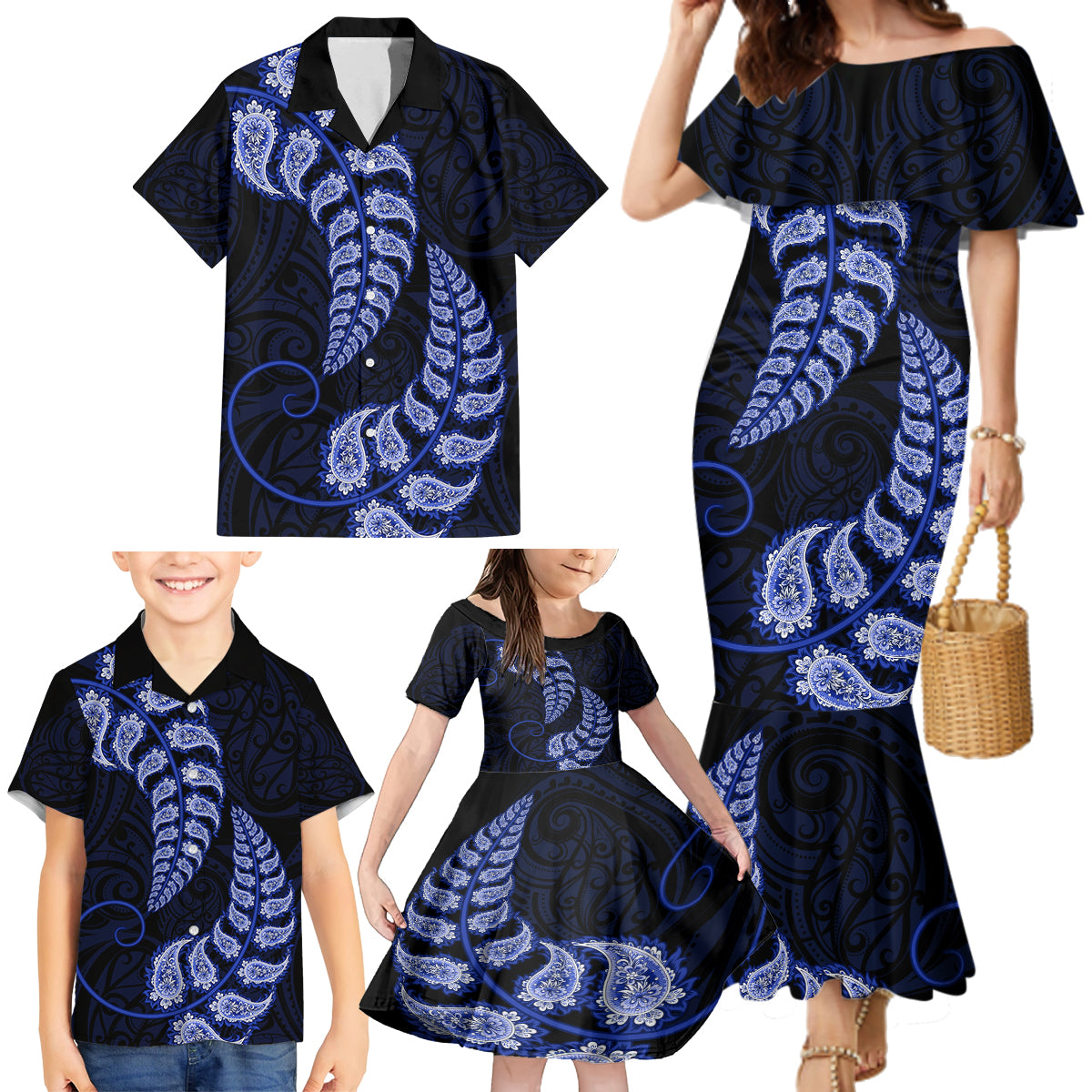 Blue New Zealand Paisley Silver Fern Family Matching Mermaid Dress and Hawaiian Shirt Aotearoa Maori LT14 - Polynesian Pride