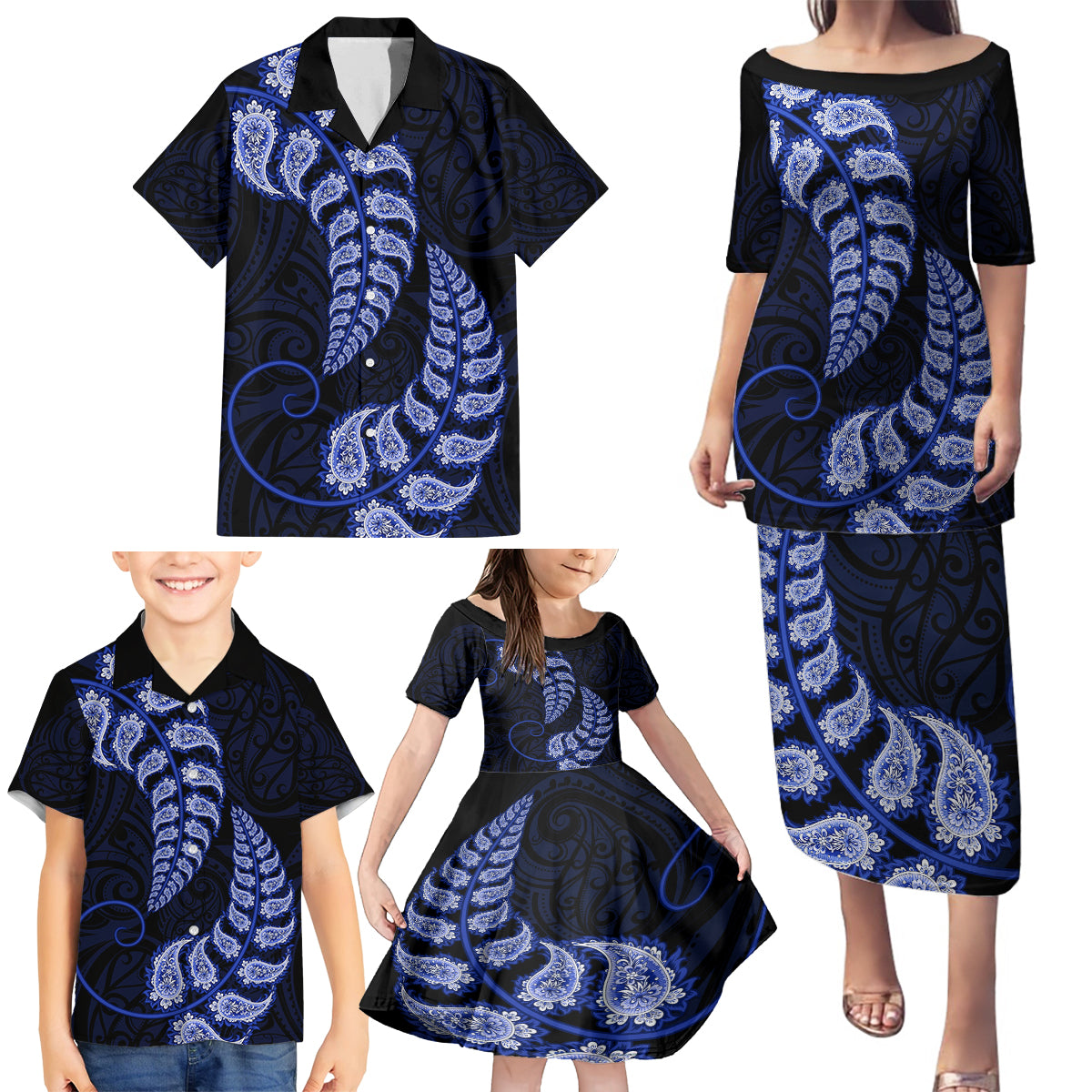 Blue New Zealand Paisley Silver Fern Family Matching Puletasi Dress and Hawaiian Shirt Aotearoa Maori LT14 - Polynesian Pride