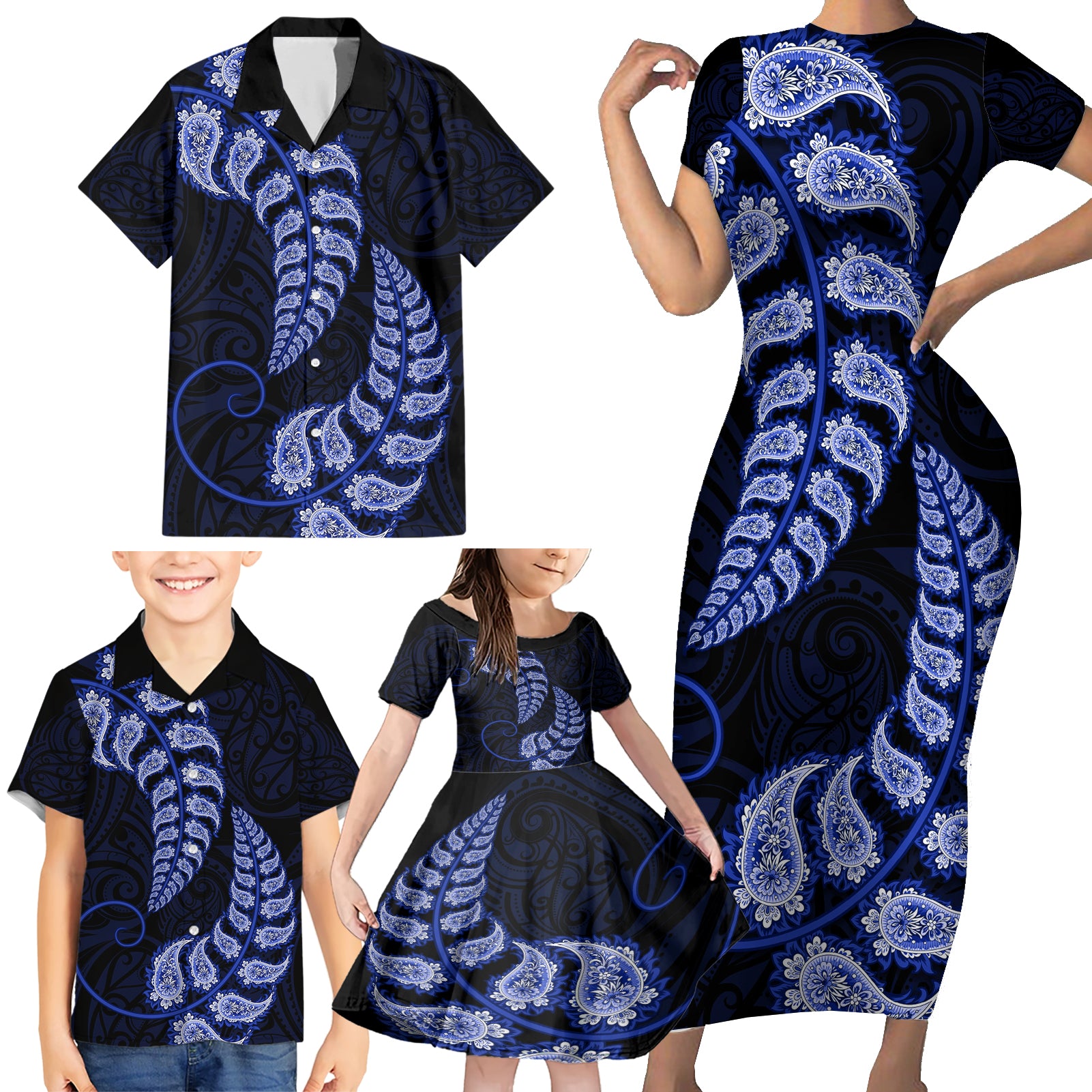 Blue New Zealand Paisley Silver Fern Family Matching Short Sleeve Bodycon Dress and Hawaiian Shirt Aotearoa Maori LT14 - Polynesian Pride