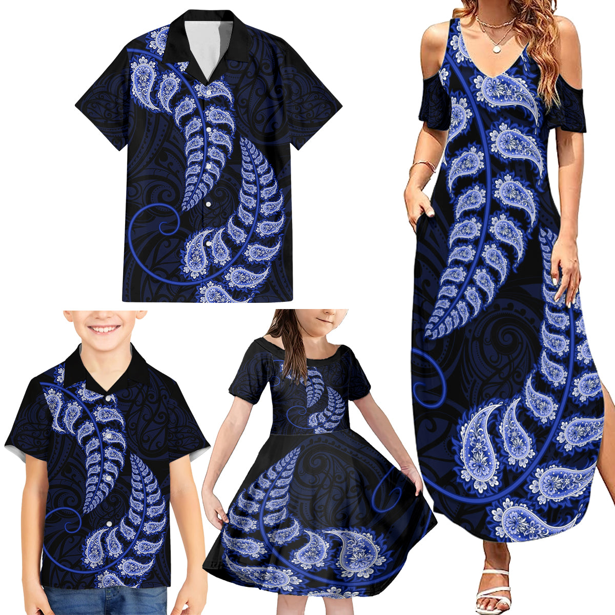 Blue New Zealand Paisley Silver Fern Family Matching Summer Maxi Dress and Hawaiian Shirt Aotearoa Maori LT14 - Polynesian Pride