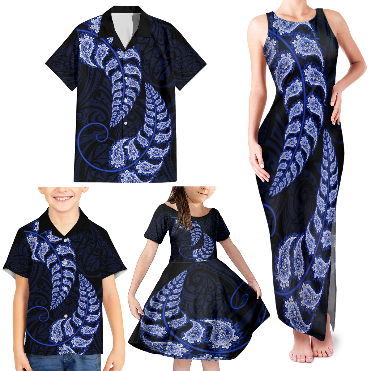 Blue New Zealand Paisley Silver Fern Family Matching Tank Maxi Dress and Hawaiian Shirt Aotearoa Maori LT14 - Polynesian Pride