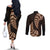 Brown New Zealand Paisley Silver Fern Couples Matching Off The Shoulder Long Sleeve Dress and Long Sleeve Button Shirt Aotearoa Maori LT14 - Polynesian Pride