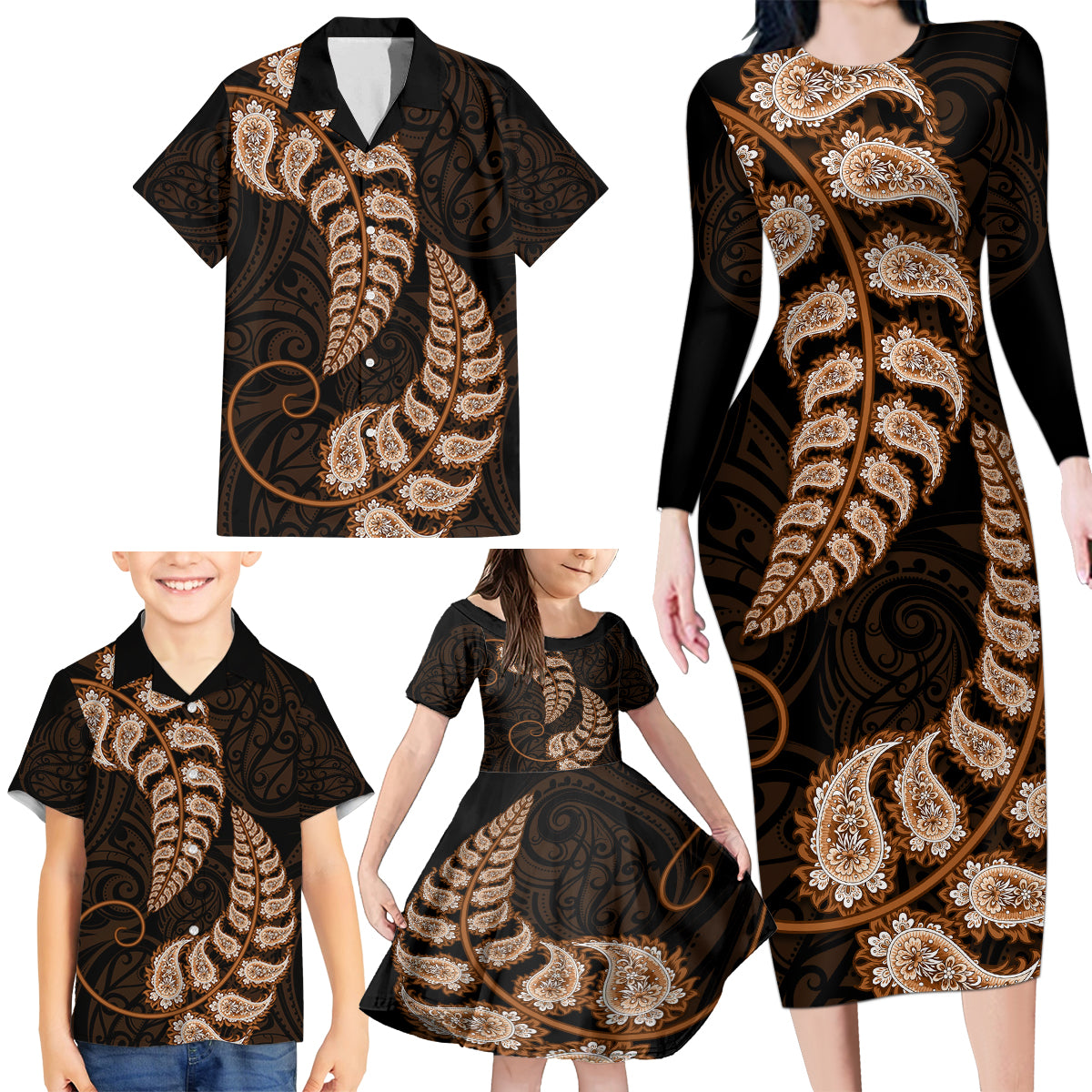 Brown New Zealand Paisley Silver Fern Family Matching Long Sleeve Bodycon Dress and Hawaiian Shirt Aotearoa Maori LT14 - Polynesian Pride