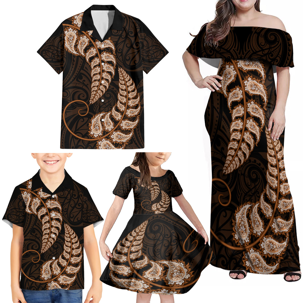 Brown New Zealand Paisley Silver Fern Family Matching Off Shoulder Maxi Dress and Hawaiian Shirt Aotearoa Maori LT14 - Polynesian Pride