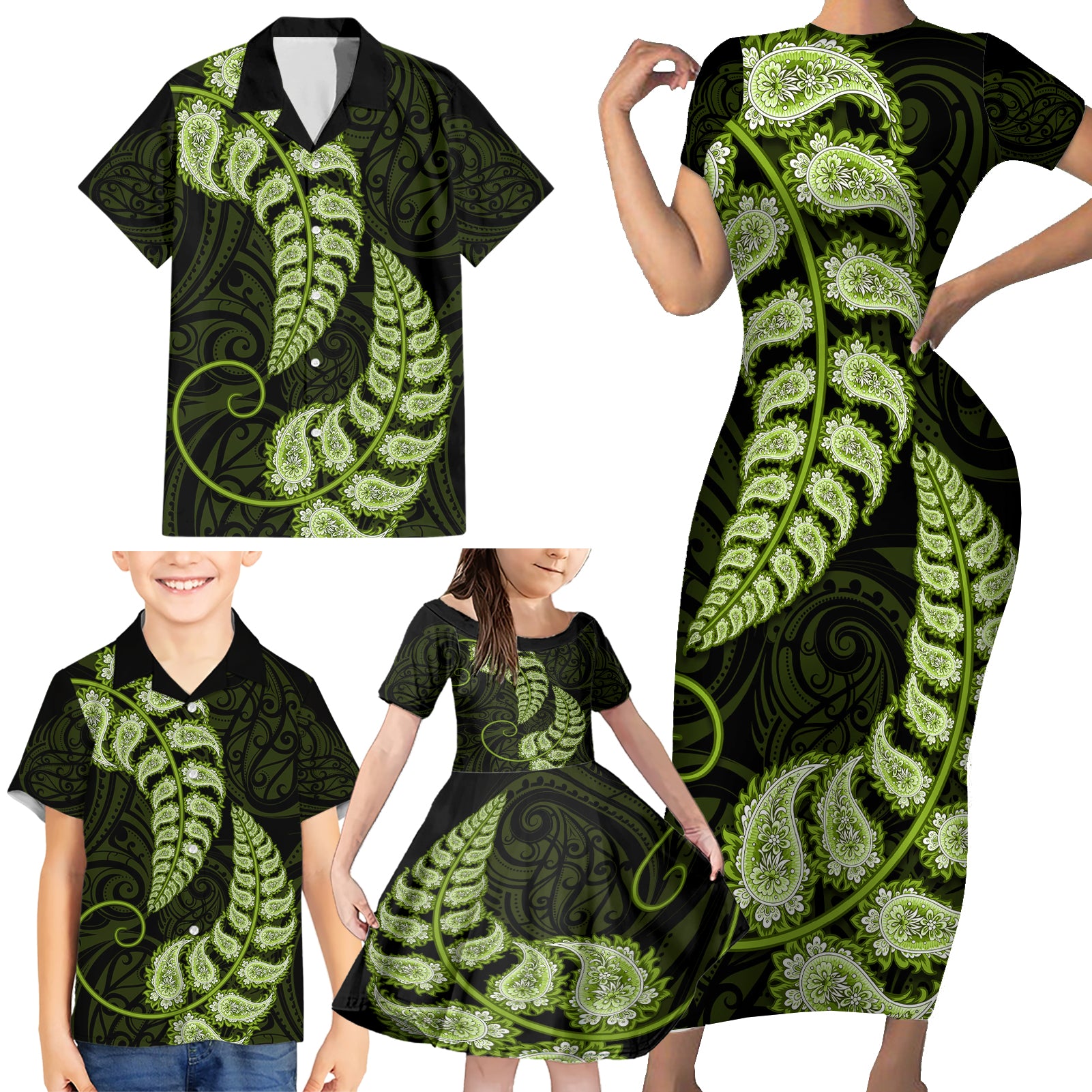 Green New Zealand Paisley Silver Fern Family Matching Short Sleeve Bodycon Dress and Hawaiian Shirt Aotearoa Maori LT14 - Polynesian Pride