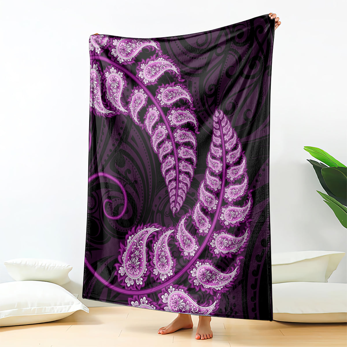 Purple New Zealand Paisley Silver Fern Blanket Aotearoa Maori LT14 Purple - Polynesian Pride