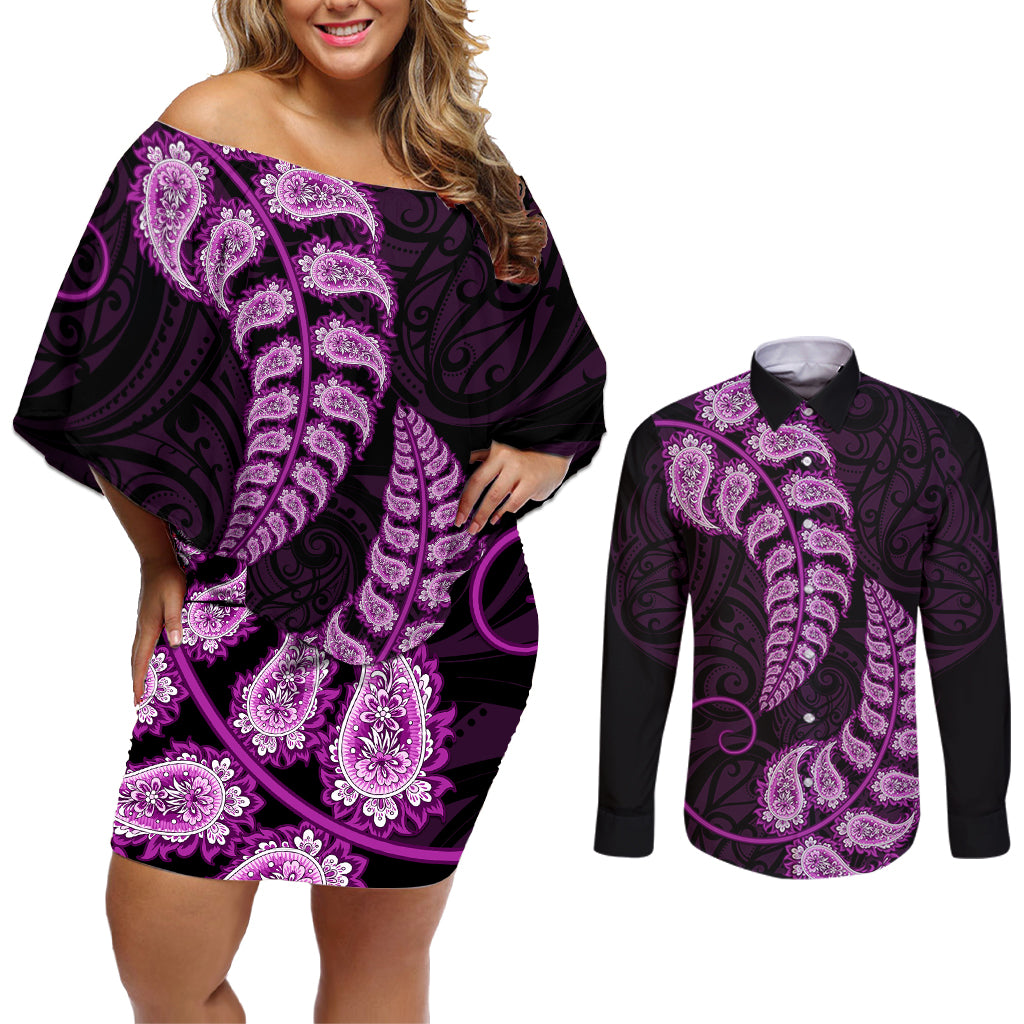 Purple New Zealand Paisley Silver Fern Couples Matching Off Shoulder Short Dress and Long Sleeve Button Shirt Aotearoa Maori LT14 Purple - Polynesian Pride