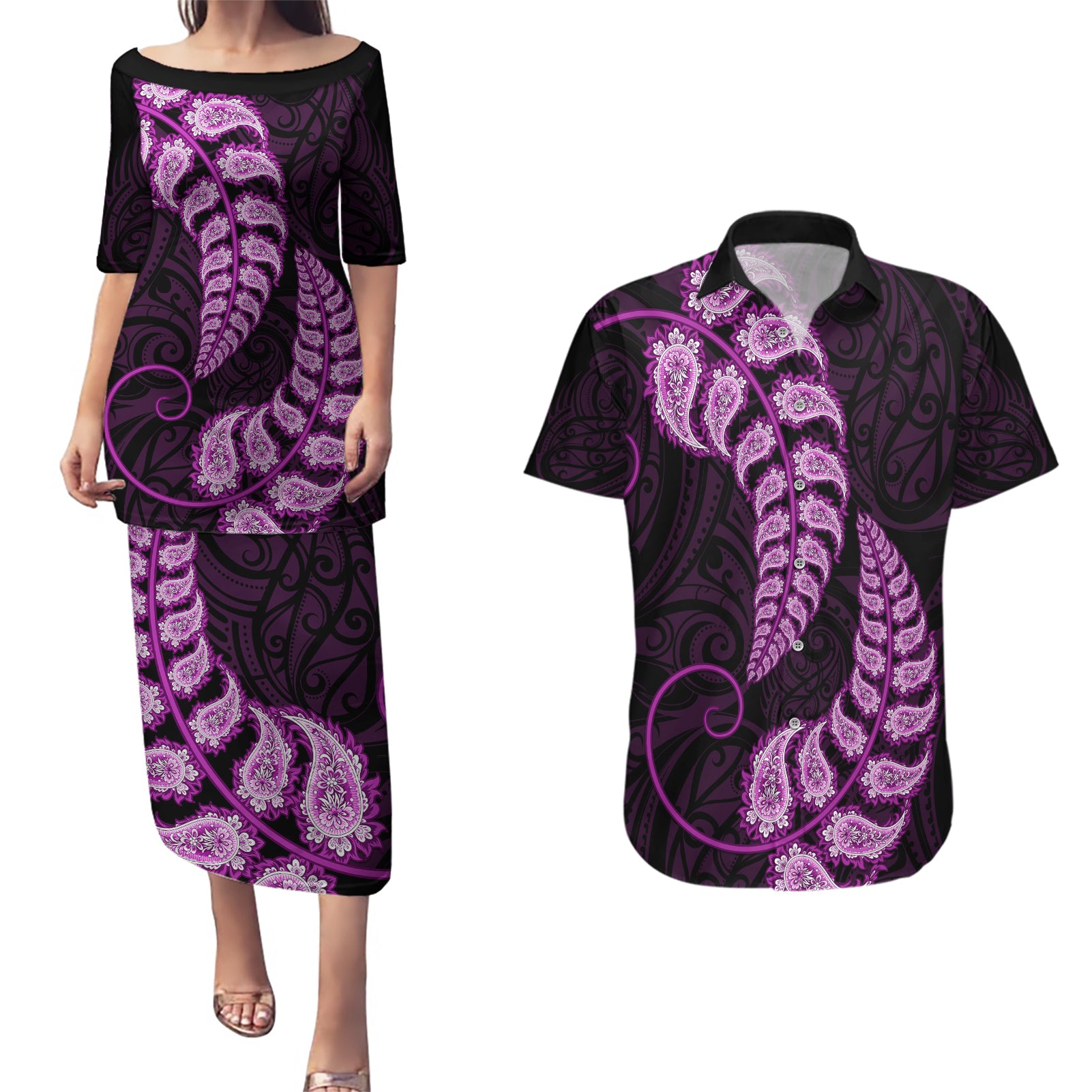 Purple New Zealand Paisley Silver Fern Couples Matching Puletasi Dress and Hawaiian Shirt Aotearoa Maori LT14 Purple - Polynesian Pride