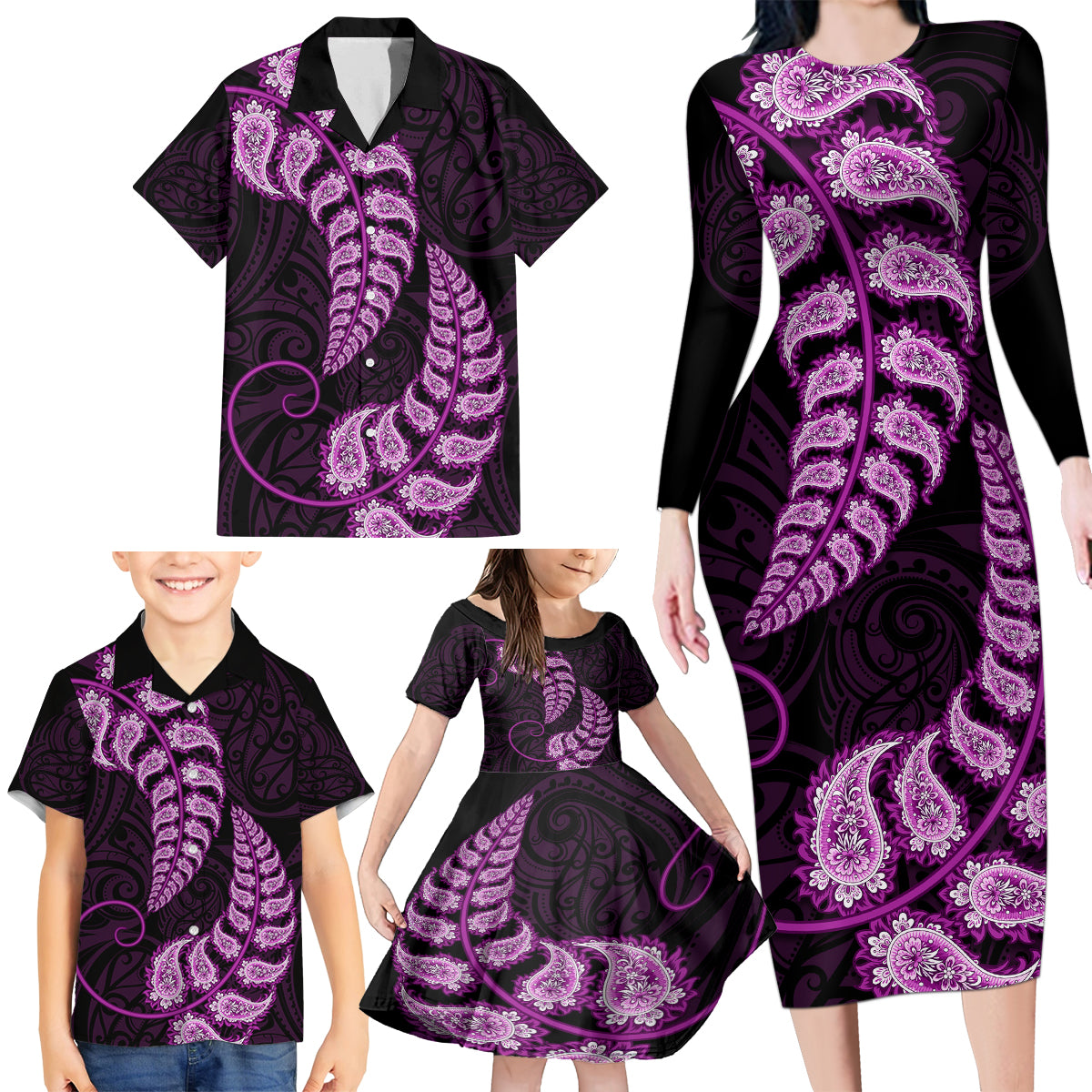 Purple New Zealand Paisley Silver Fern Family Matching Long Sleeve Bodycon Dress and Hawaiian Shirt Aotearoa Maori LT14 - Polynesian Pride