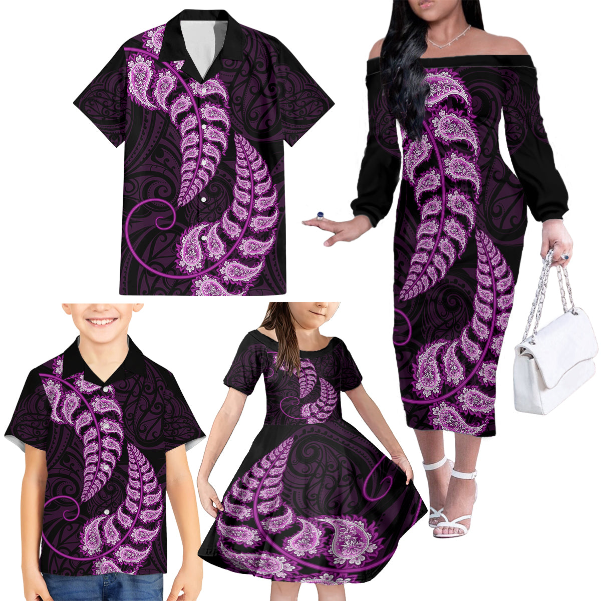 Purple New Zealand Paisley Silver Fern Family Matching Off Shoulder Long Sleeve Dress and Hawaiian Shirt Aotearoa Maori LT14 - Polynesian Pride