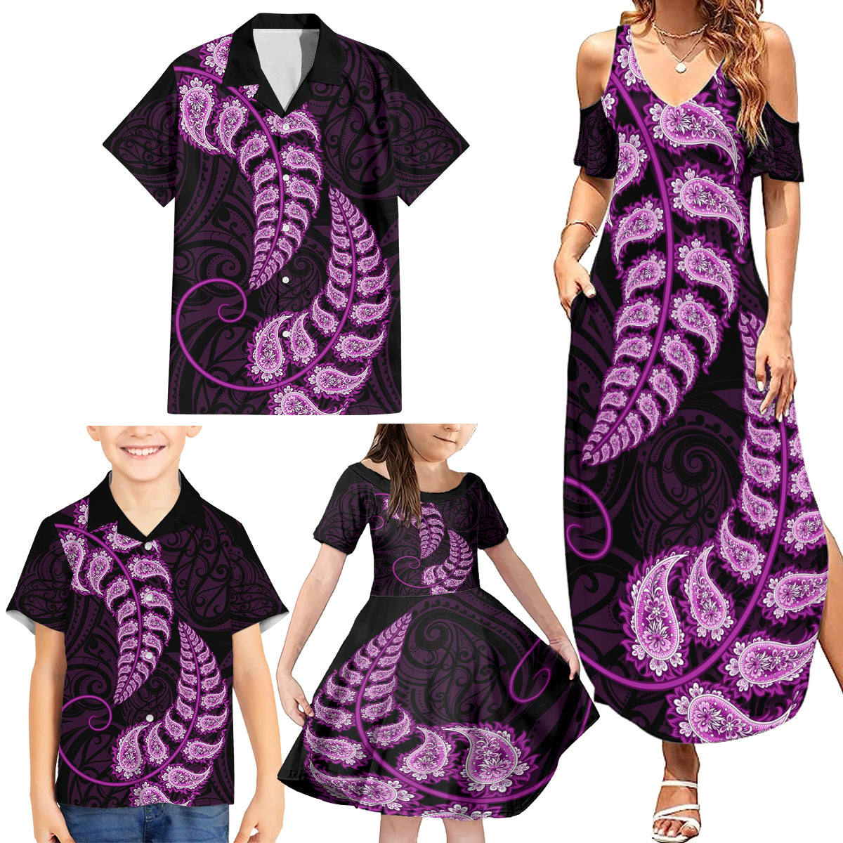 Purple New Zealand Paisley Silver Fern Family Matching Summer Maxi Dress and Hawaiian Shirt Aotearoa Maori LT14 - Polynesian Pride