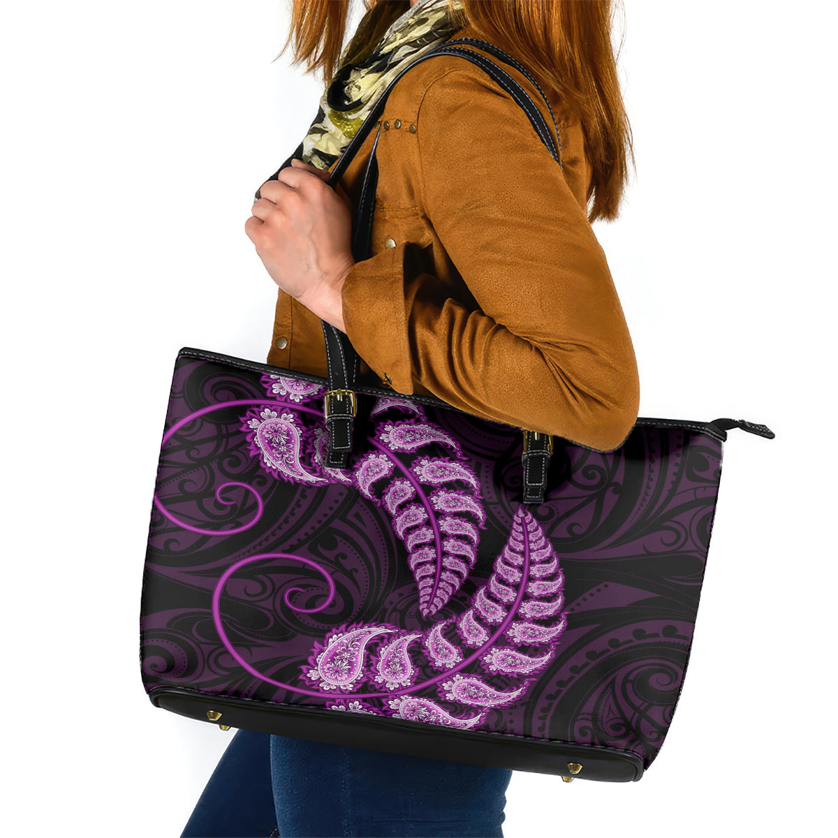 Purple New Zealand Paisley Silver Fern Leather Tote Bag Aotearoa Maori LT14 Purple - Polynesian Pride