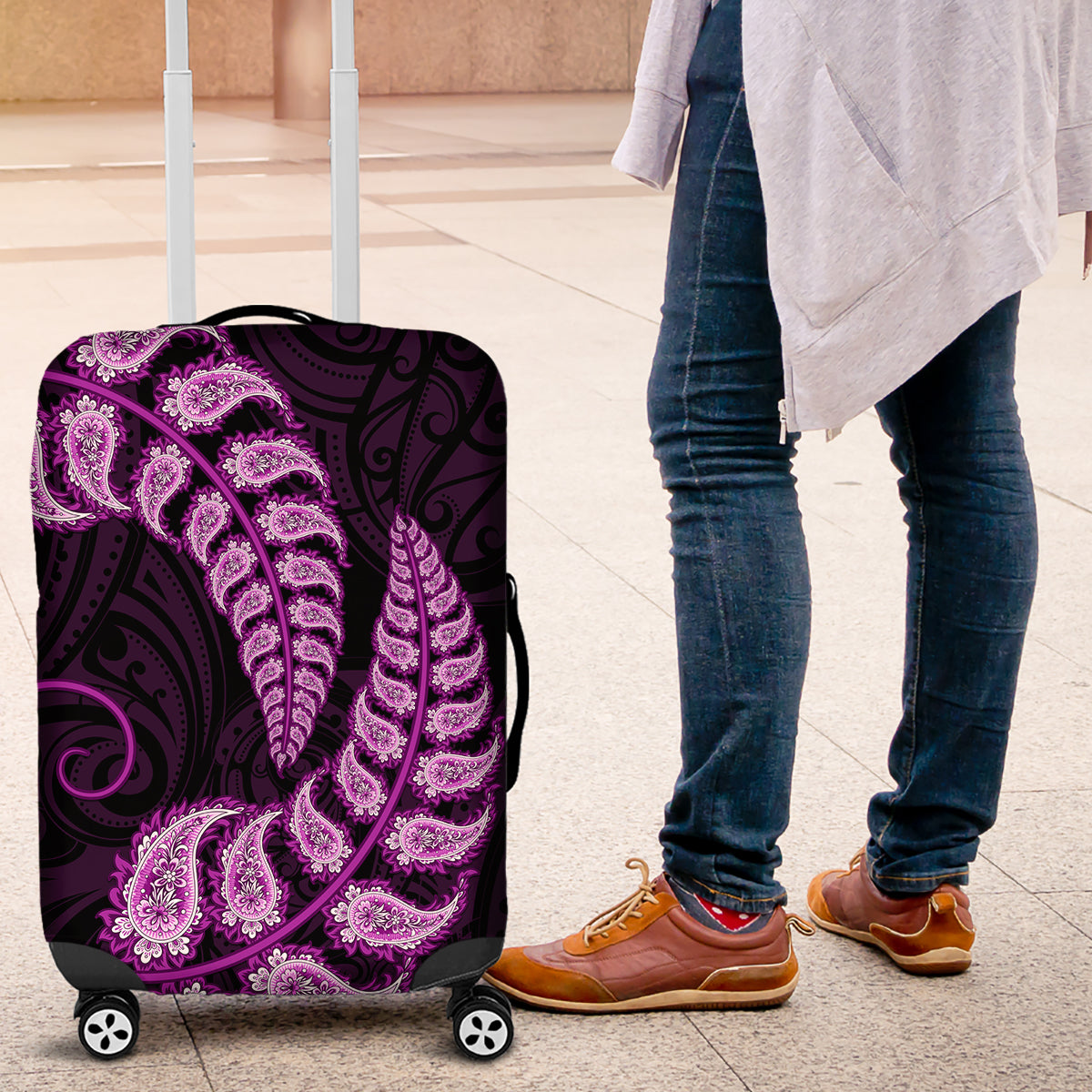 Purple New Zealand Paisley Silver Fern Luggage Cover Aotearoa Maori LT14 Purple - Polynesian Pride